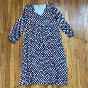 Boden Dress 16 Midi Viscose Jersey Soft Mod Floral Navy V Neck Puff Long Sleeve
